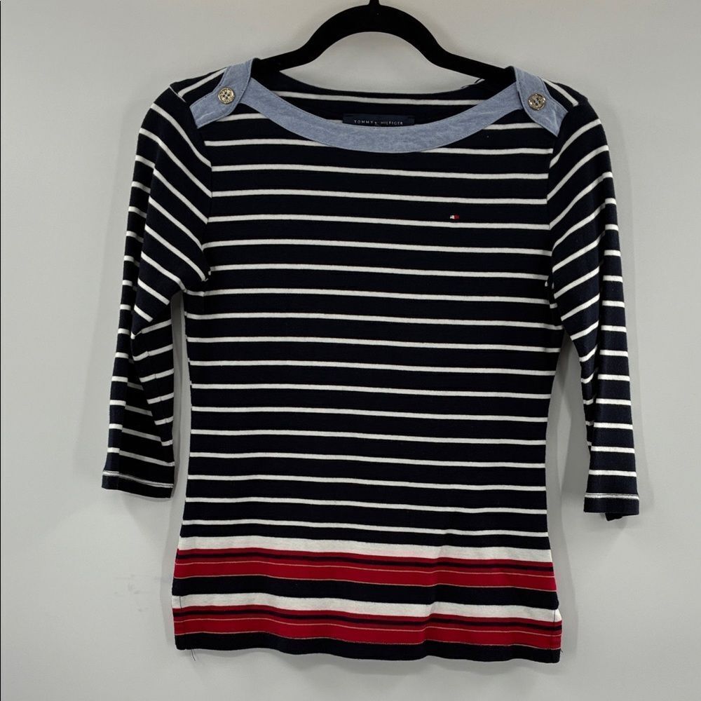 3For$20 Tommy Hilfiger Women's Navy and Red Striped Long Sleeve Topn size: XS